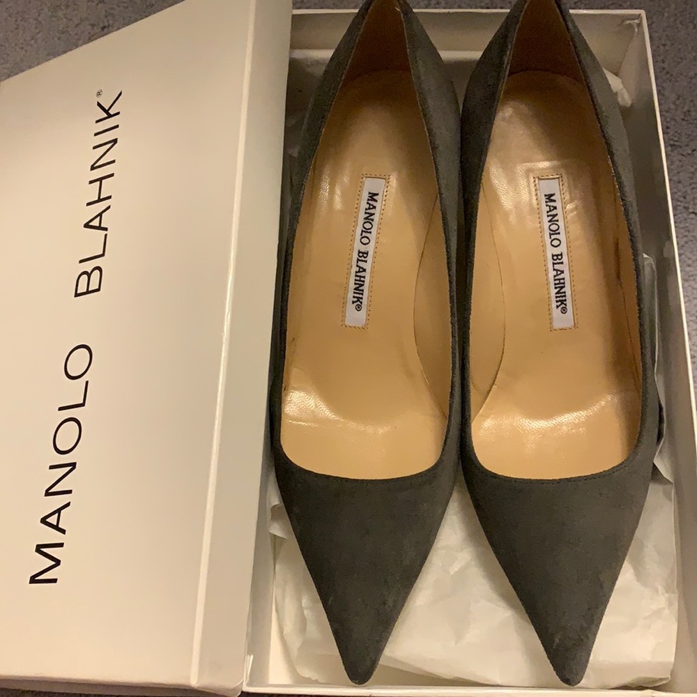Manolo Blahnik Grey Suede Pointed-Toe Pumps